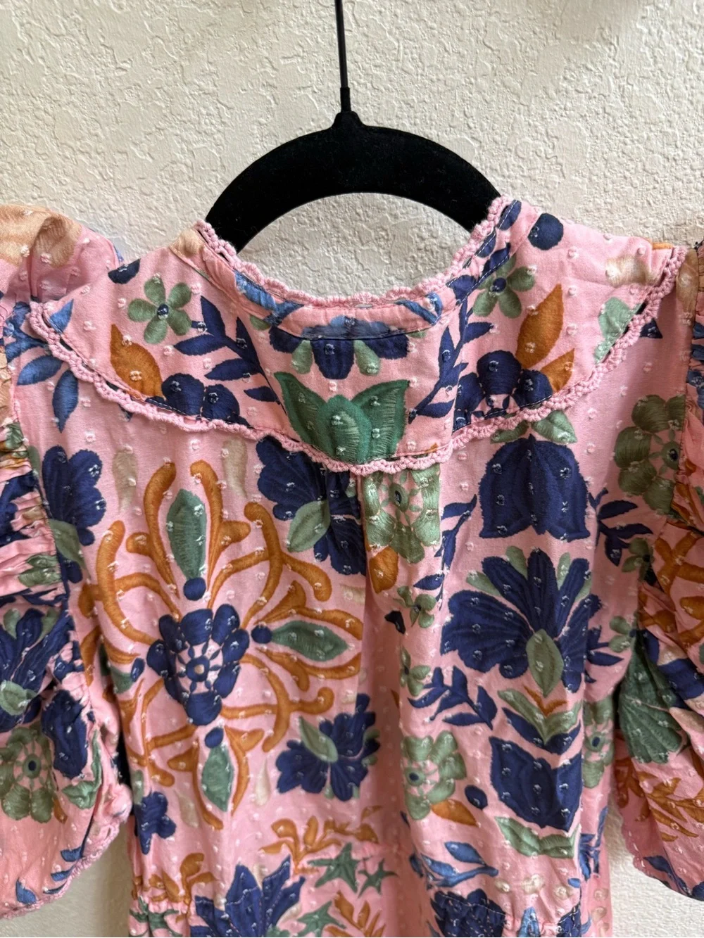 Farm Rio Pink & Blue Swiss Dot Floral Puff-Sleeve Dress